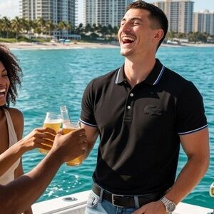 Lacoste Black  Polo Shirt with “big Croc” black logo.